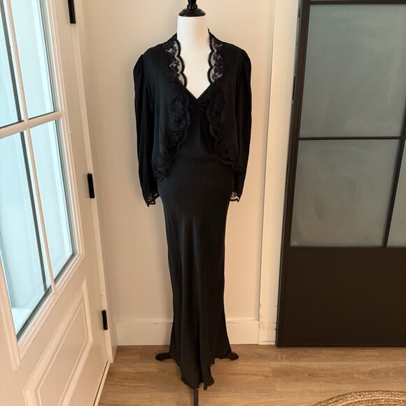 VTG Nightgown Bed Jacket Silk Peignoir Set 70s Bergdorf Goodman Black Lace S/M - Picture 2 of 16